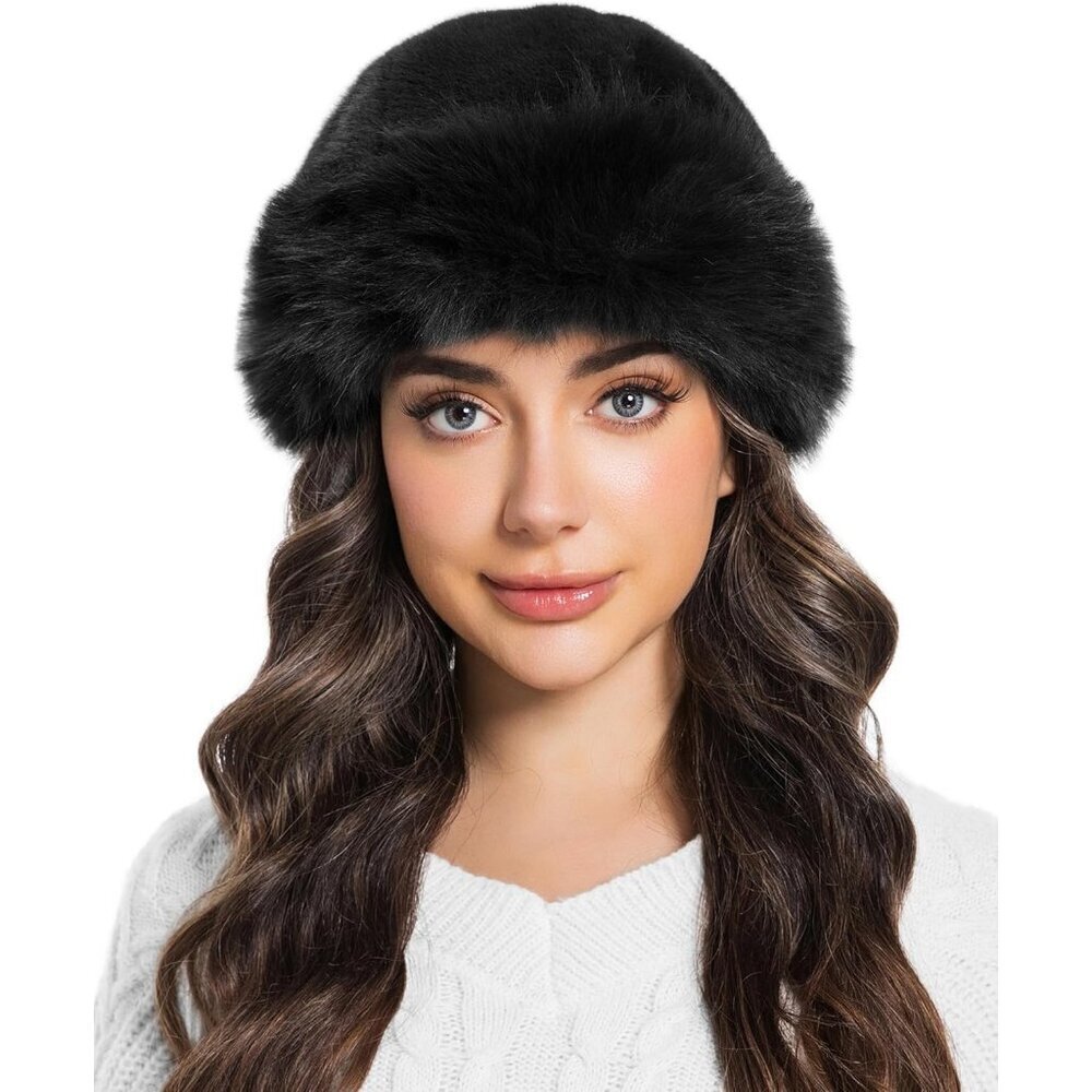 Women's Black Faux Fur Fluffy Bucket Hat Winter Warm Fuzzy Mongolian Hat